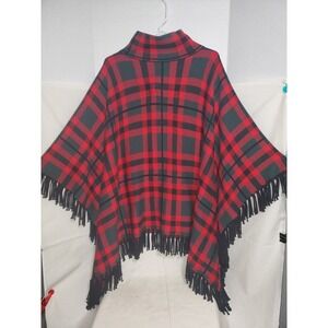 Women's J.McLaughlin Buffalo Plaid Red Black Fringed Knit Poncho Sweater Size OS